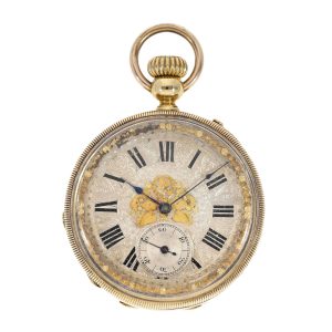 Swiss gold lever with decorative Champlevé dial Circa 1860