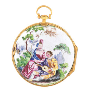 English gilt metal and painted on enamel pair cased pocket watch Circa 1750