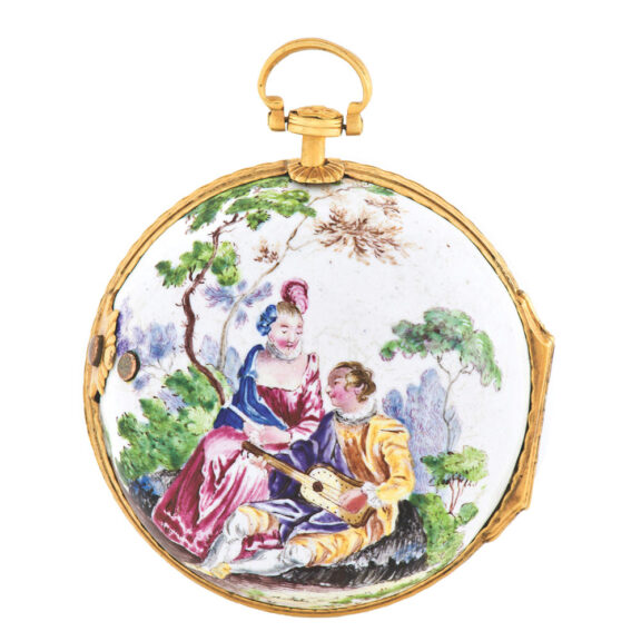 English gilt metal and painted on enamel pair cased pocket watch Circa 1750