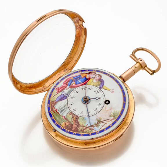 Swiss calendar verge with polychrome enamel dial Circa 1810 Swiss calendar verge with polychrome enamel dial Circa 1810