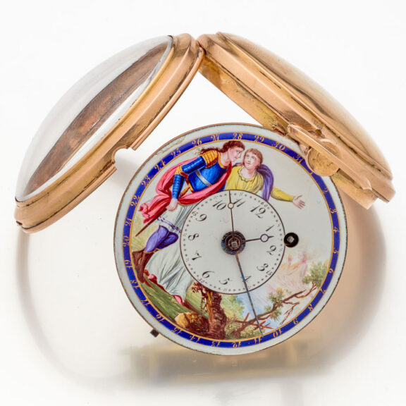 Swiss calendar verge with polychrome enamel dial Circa 1810 Swiss calendar verge with polychrome enamel dial Circa 1810