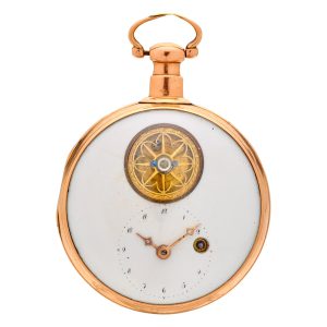 Rare 14K gold verge pocket watch with visible balance Circa 1810