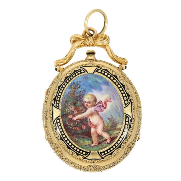 Swiss oval gold double sided enamel form watch Circa 1860 Swiss oval gold double sided enamel form watch Circa 1860