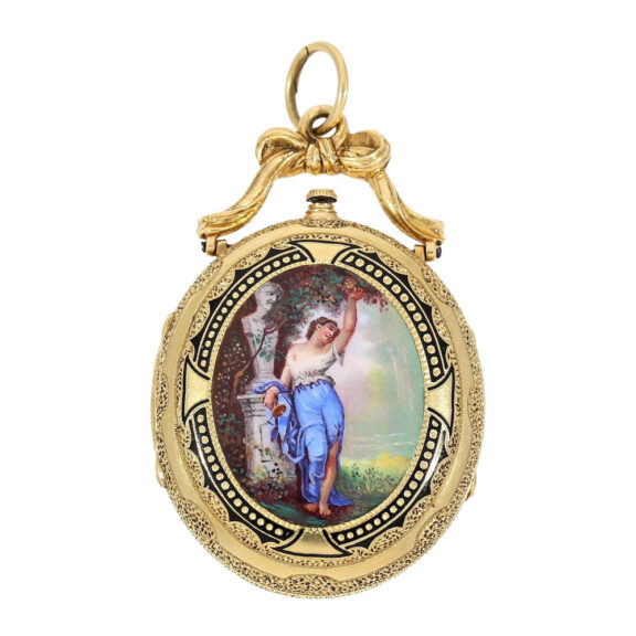 Swiss oval gold double sided enamel form watch Circa 1860 Swiss oval gold double sided enamel form watch Circa 1860