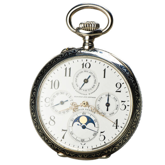 French Niello silver pocket watch with calender Circa 1910