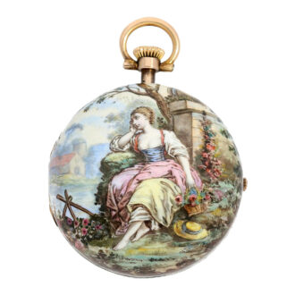 Unique Swiss 18k gold watch with enamel painting Circa 1887 Unique Swiss 18k gold watch with enamel painting Circa 1887