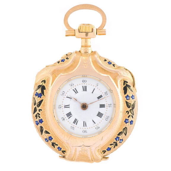 Fine and elegant 18 carat gold and enamel Swiss lady’s keyless pendant watch Circa 1890