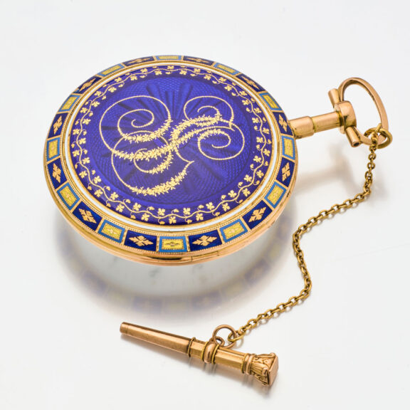 French 18 carat rose gold and enamel watch with date Circa 1800 French 18 carat rose gold and enamel watch with date Circa 1800