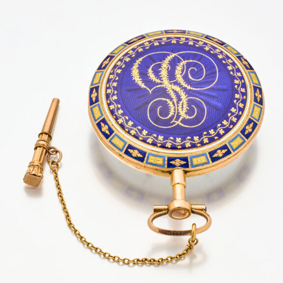 524-d French 18 carat rose gold and enamel watch with date Circa 1800