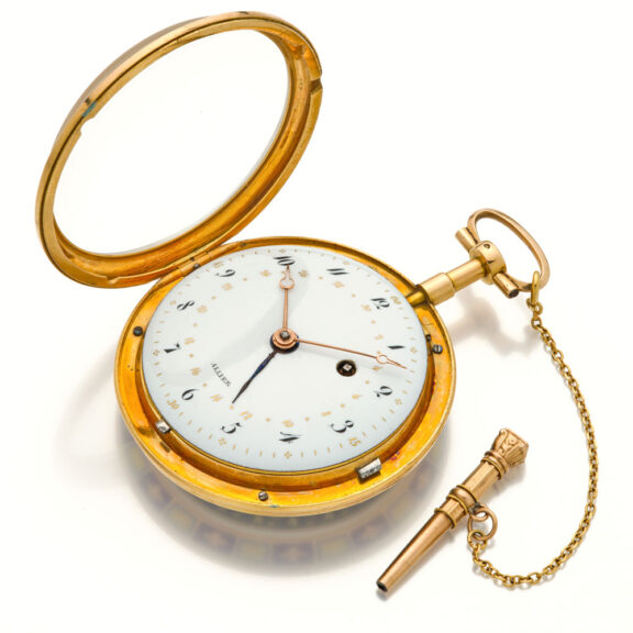 French 18 carat rose gold and enamel watch with date Circa 1800 French 18 carat rose gold and enamel watch with date Circa 1800