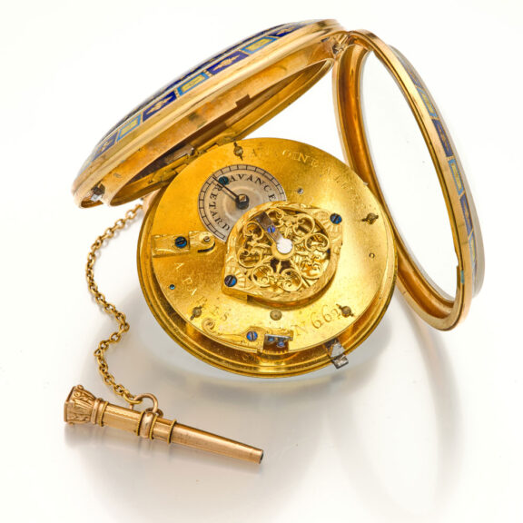 French 18 carat rose gold and enamel watch with date Circa 1800 French 18 carat rose gold and enamel watch with date Circa 1800