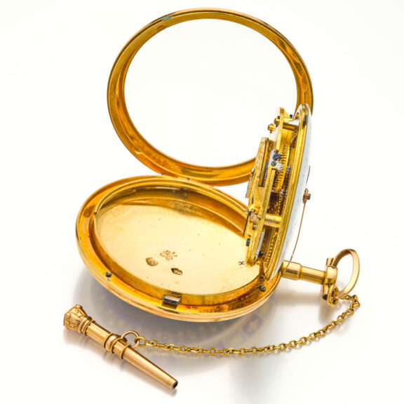French 18 carat rose gold and enamel watch with date Circa 1800 French 18 carat rose gold and enamel watch with date Circa 1800