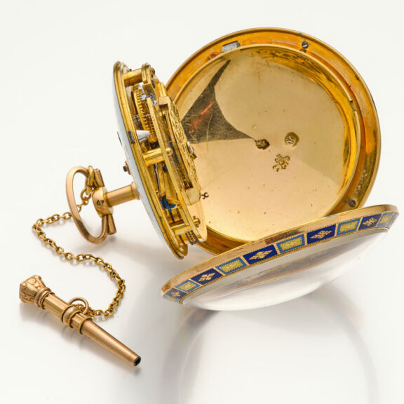 French 18 carat rose gold and enamel watch with date Circa 1800 French 18 carat rose gold and enamel watch with date Circa 1800