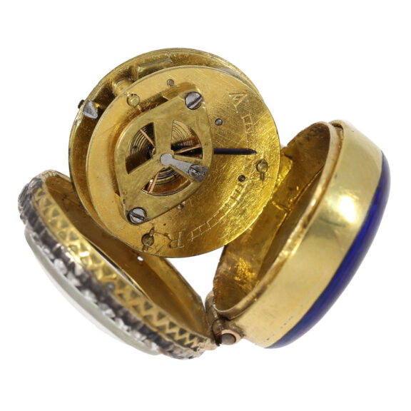 Swiss 18k gold, enamel and diamond set ring watch Circa 1780 Swiss 18k gold, enamel and diamond set ring watch Circa 1780