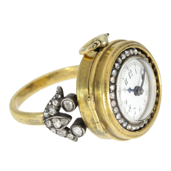 Swiss 18k gold, enamel and diamond set ring watch Circa 1780 Swiss 18k gold, enamel and diamond set ring watch Circa 1780