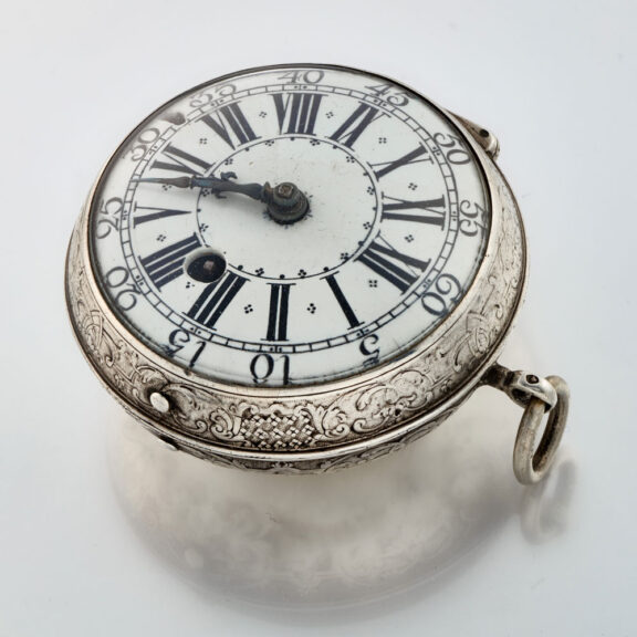 A French oignon with enamel dial in a silver case Circa 1700 A French oignon with enamel dial in a silver case Circa 1700
