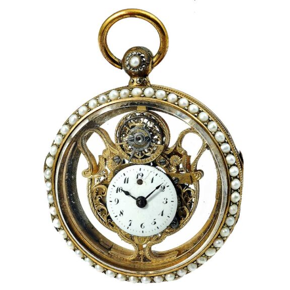 Austrian gilded brass and half pearls set verge watch Circa 1800