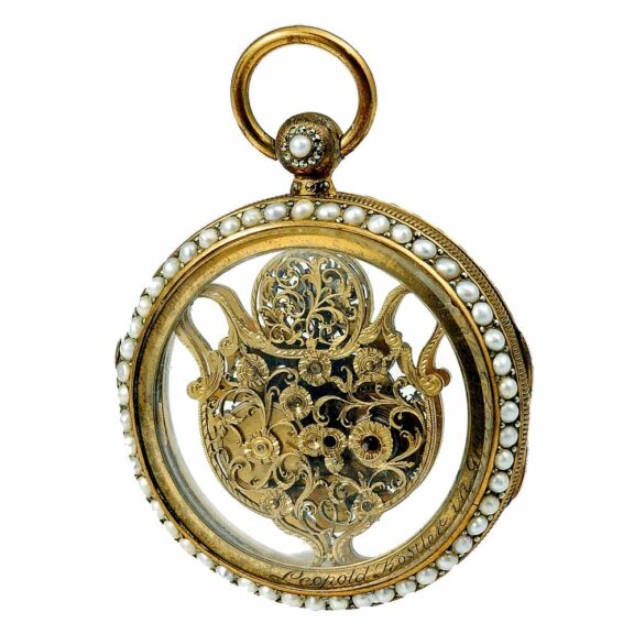 Austrian gilded brass and half pearls set verge watch Circa 1800 Austrian gilded brass and half pearls set verge watch Circa 1800