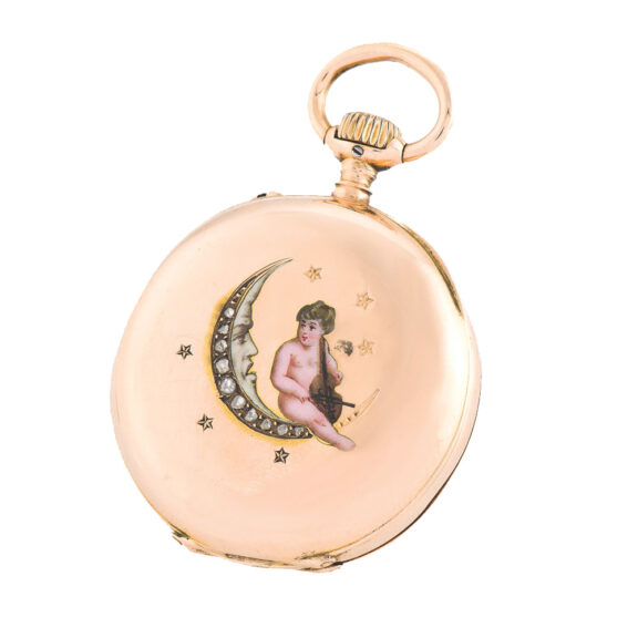 Fine 18 carat pink gold, open faced keyless pocket watch with enamel on the back depicting an angel and the moon and engraved stars