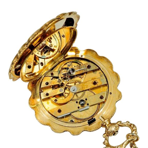 Swiss attractive 18k gold decorated pendant watch Circa 1855 Swiss attractive 18k gold decorated pendant watch Circa 1855