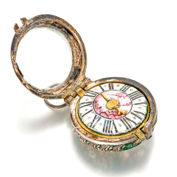 Decorative silver and enamel pill box in watch form Circa 1650 Decorative silver and enamel pill box in watch form Circa 1650