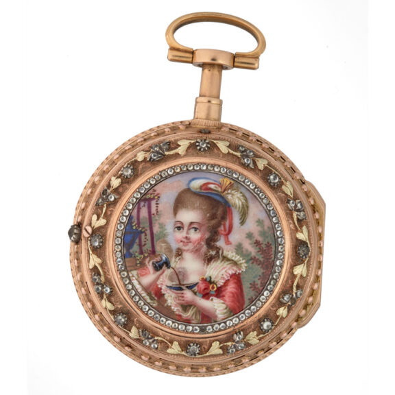 A Swiss gold repeating verge with gold chatelaine Circa 1770 A Swiss gold repeating verge with gold chatelaine Circa 1770