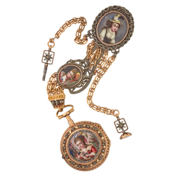 A Swiss gold repeating verge with gold chatelaine Circa 1770 A Swiss gold repeating verge with gold chatelaine Circa 1770