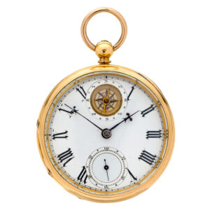Remarkable English 18K gold key wind lever with compass Circa 1876
