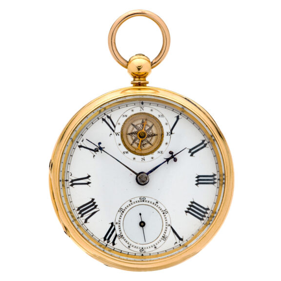 Remarkable English 18K gold key wind lever with compass Circa 1876 Remarkable English 18K gold key wind lever with compass Circa 1876