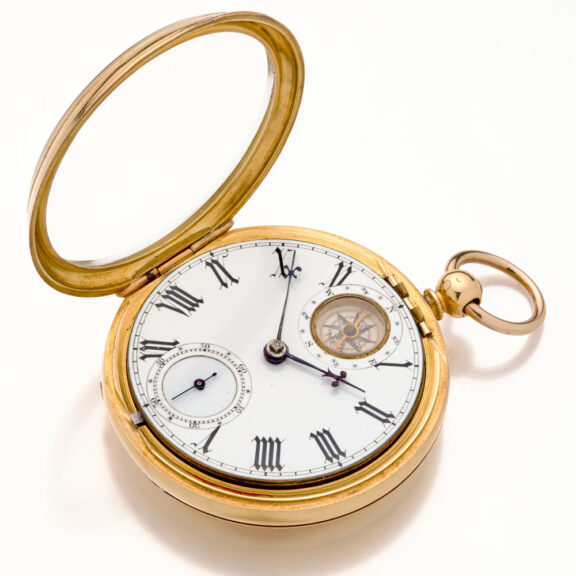 Remarkable English 18K gold key wind lever with compass Circa 1876 Remarkable English 18K gold key wind lever with compass Circa 1876