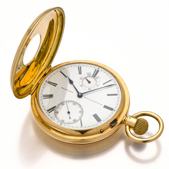 Heavy English gold half hunter with power reserve Circa 1869 Heavy English gold half hunter with power reserve Circa 1869