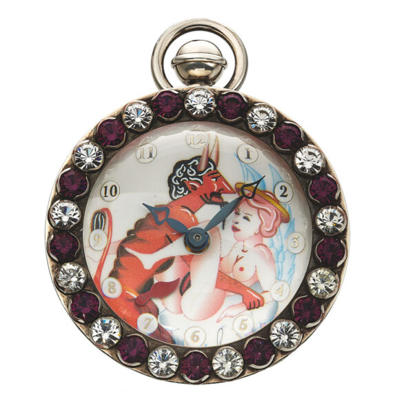 Swiss ball shaped sterling silver and rhinestones desk clock with erotic automaton Circa 1998
