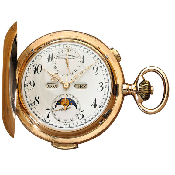 Swiss chronograph with calendar and moon phases Circa 1915