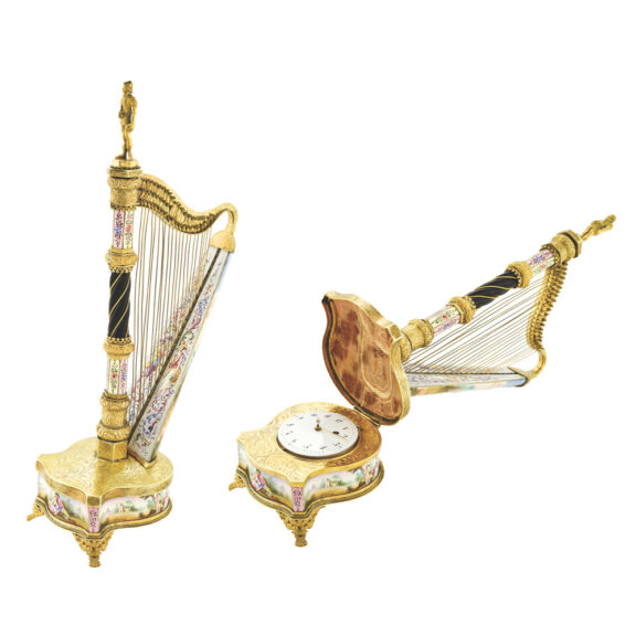 Austrian enamel table clock in the form of a harp Circa 1880 Austrian enamel table clock in the form of a harp Circa 1880