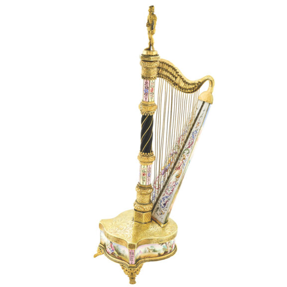 Austrian enamel table clock in the form of a harp Circa 1880 Austrian enamel table clock in the form of a harp Circa 1880