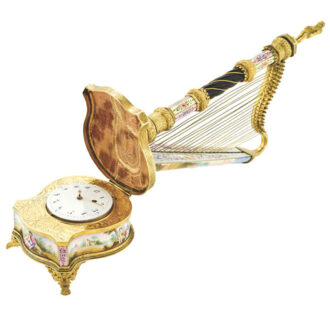 Austrian enamel table clock in the form of a harp Circa 1880