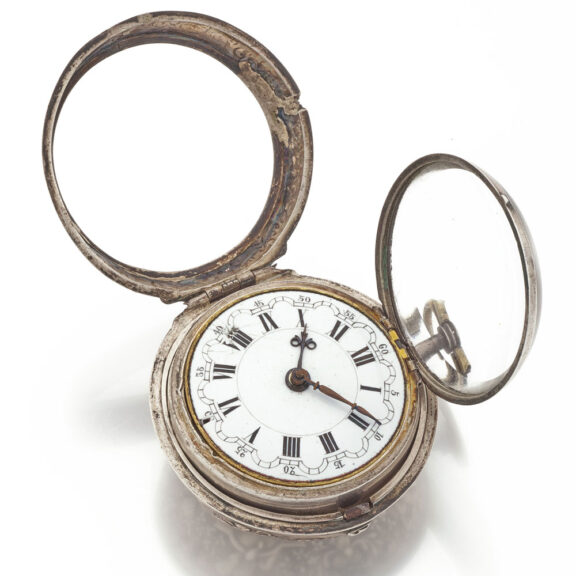 59Dutch verge watch in a silver repousse cast case Circa 1730 Dutch verge watch in a silver repousse cast case Circa 1730