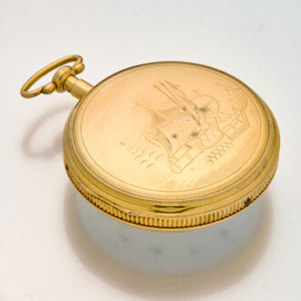 The case back with an engraving of a camp with a tent and ribbed middle