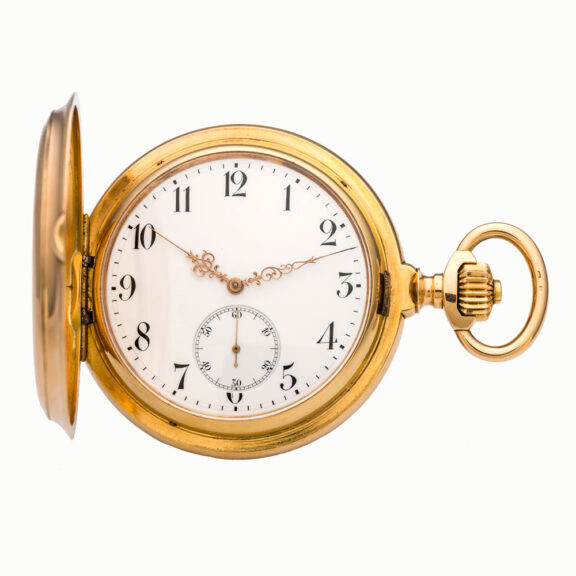 Swiss golden three bridge hunting cased chronometer Circa 1900 Swiss golden three bridge hunting cased chronometer Circa 1900