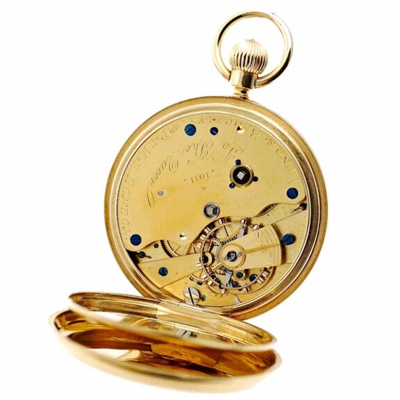 English gold watch with power reserve indication Circa 1885 English gold watch with power reserve indication Circa 1885