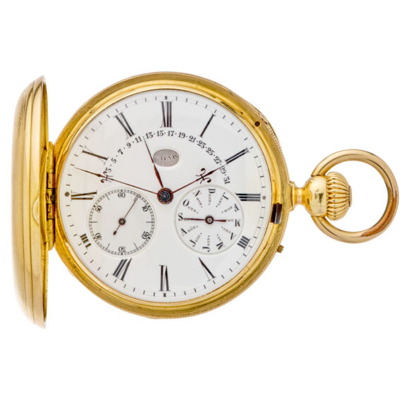 Solid Swiss gold hunting cased complicated lever watch Circa 1890 Solid Swiss gold hunting cased complicated lever watch Circa 1890