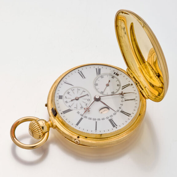 Solid Swiss gold hunting cased complicated lever watch Circa 1890 Solid Swiss gold hunting cased complicated lever watch Circa 1890