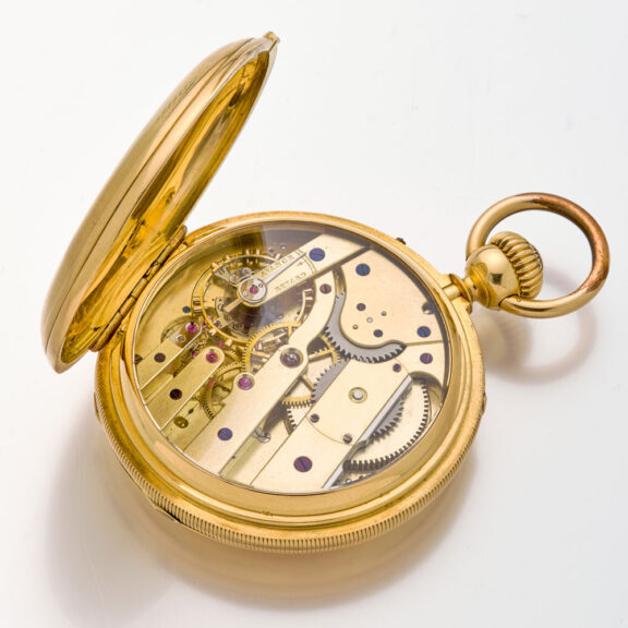 Solid Swiss gold hunting cased complicated lever watch Circa 1890 Solid Swiss gold hunting cased complicated lever watch Circa 1890