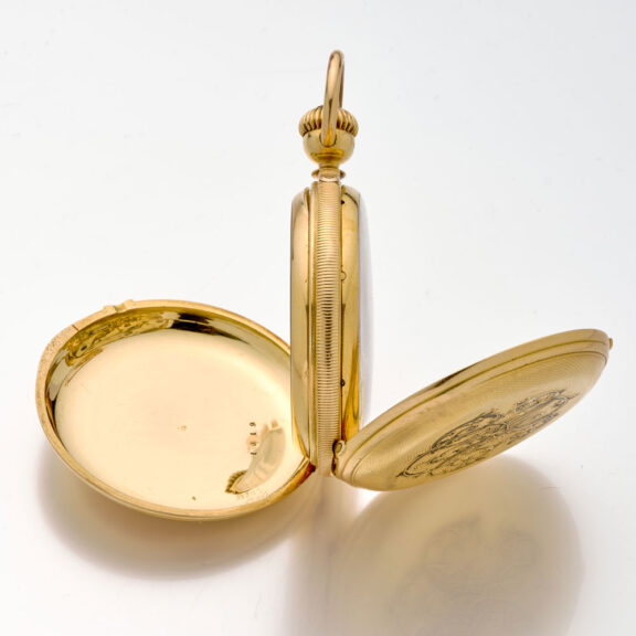 Solid Swiss gold hunting cased complicated lever watch Circa 1890 Solid Swiss gold hunting cased complicated lever watch Circa 1890
