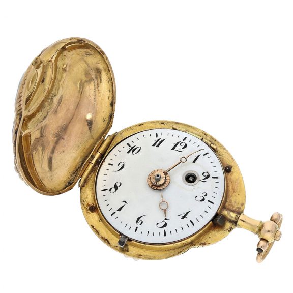 Swiss rare gold, enamel and pearl set verge form watch Circa 1800 Swiss rare gold, enamel and pearl set verge form watch Circa 1800