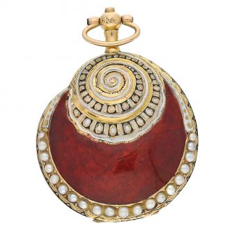 Swiss rare gold, enamel and pearl set verge form watch Circa 1800