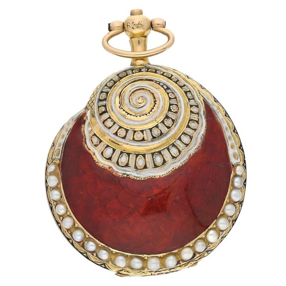 Swiss rare gold, enamel and pearl set verge form watch Circa 1800