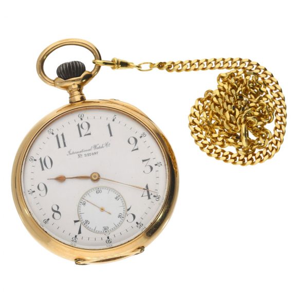 Swiss 14 carat gold open faced lever watch with chain Circa 1900