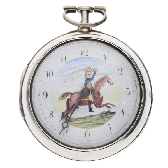 English silver watch with an enamel military painting Circa1800