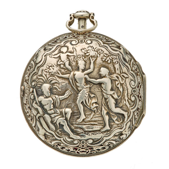 English silver quarter repeating repoussé verge watch Circa 1740 English silver quarter repeating repoussé verge watch Circa 1740